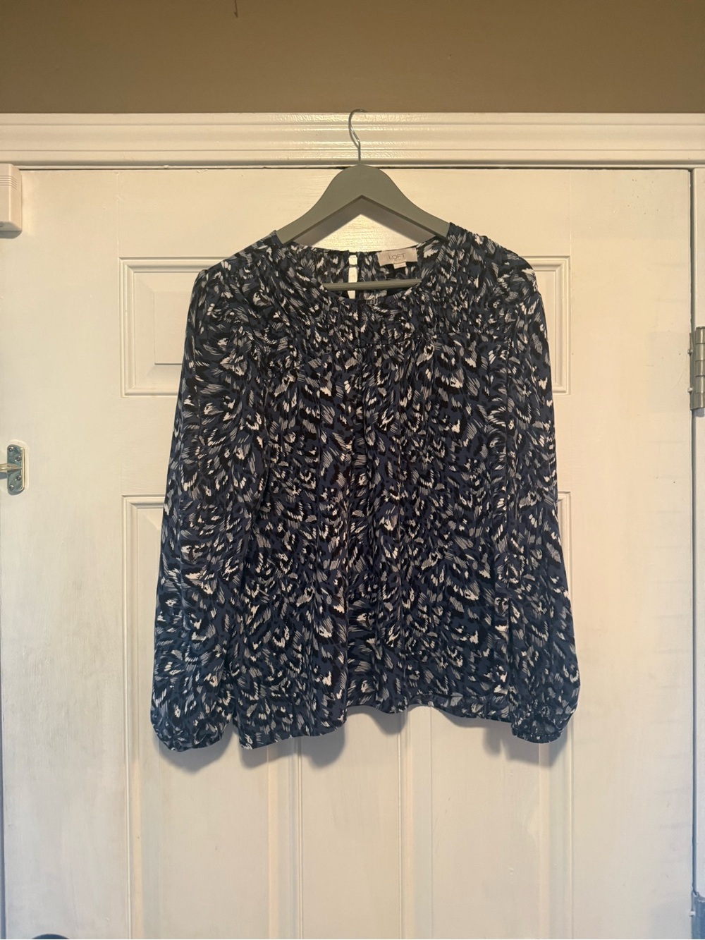 LOFT Navy and White Printed Long-Sleeve Peasant Blouse